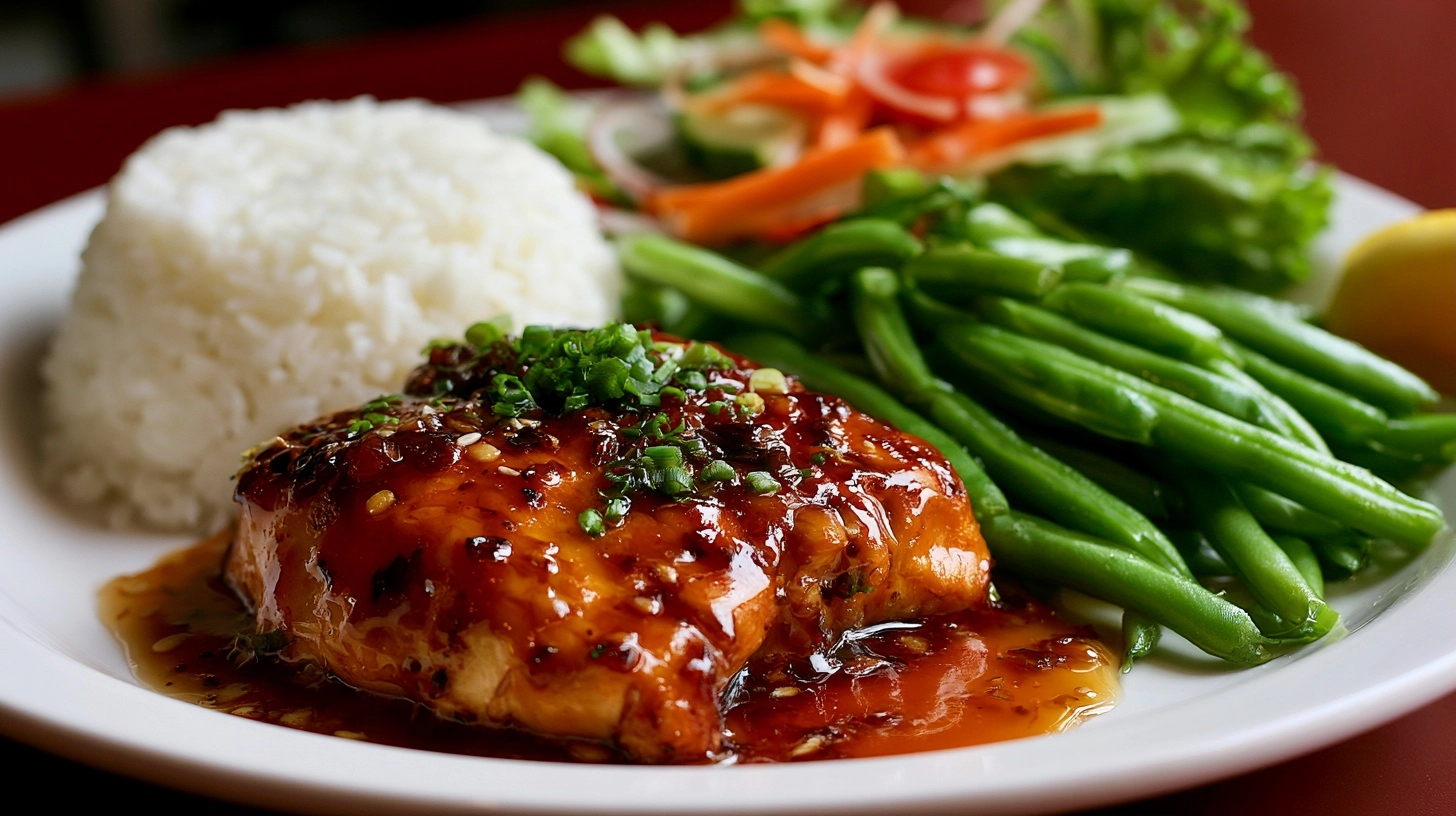 A beautifully plated honey garlic chicken dish, surrounded by sides such as white rice, steamed green beans, and a small fresh salad