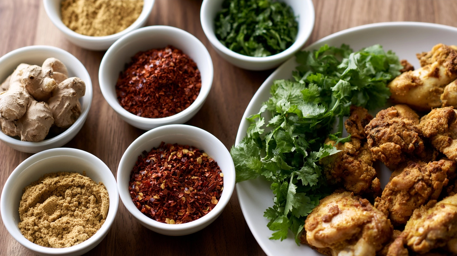 A variety of small bowls containing different spices and herbs like ginger, red pepper flakes, and cilantro, next to a plate of cooked chicken pieces