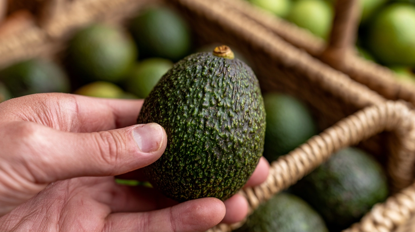 Close-up of a hand gently pressing a ripe avocado to check for ripeness, with a basket of other avocados in the blurred background.