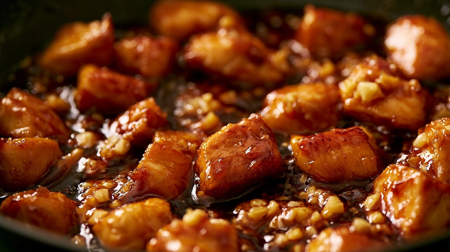 Close-up of a rich, glossy honey garlic sauce coating pieces of chicken in a pan, with fresh minced garlic visible