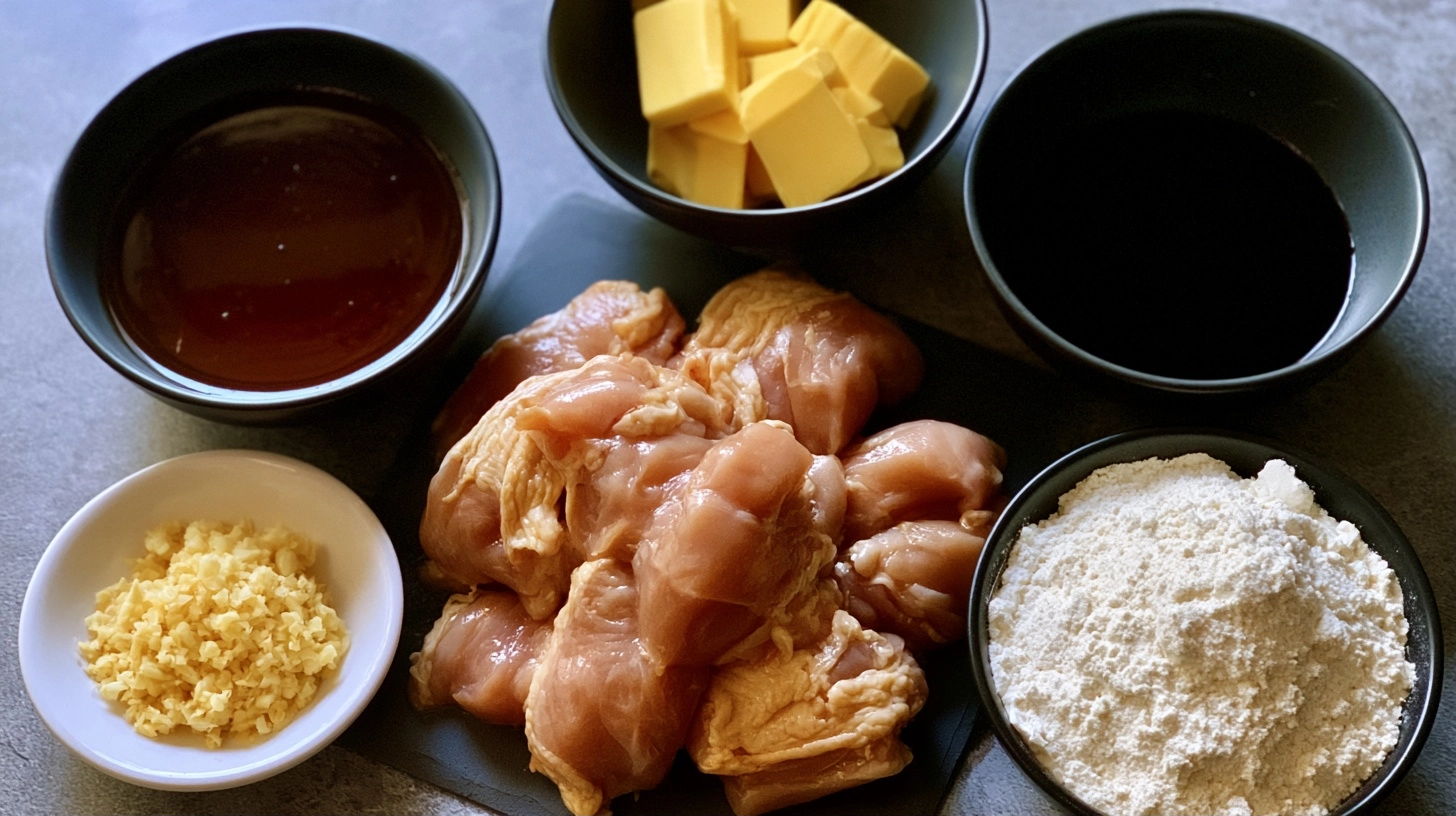 Table of ingredients for honey garlic chicken, with chicken pieces, honey, minced garlic, soy sauce, butter, and flour arranged neatly
