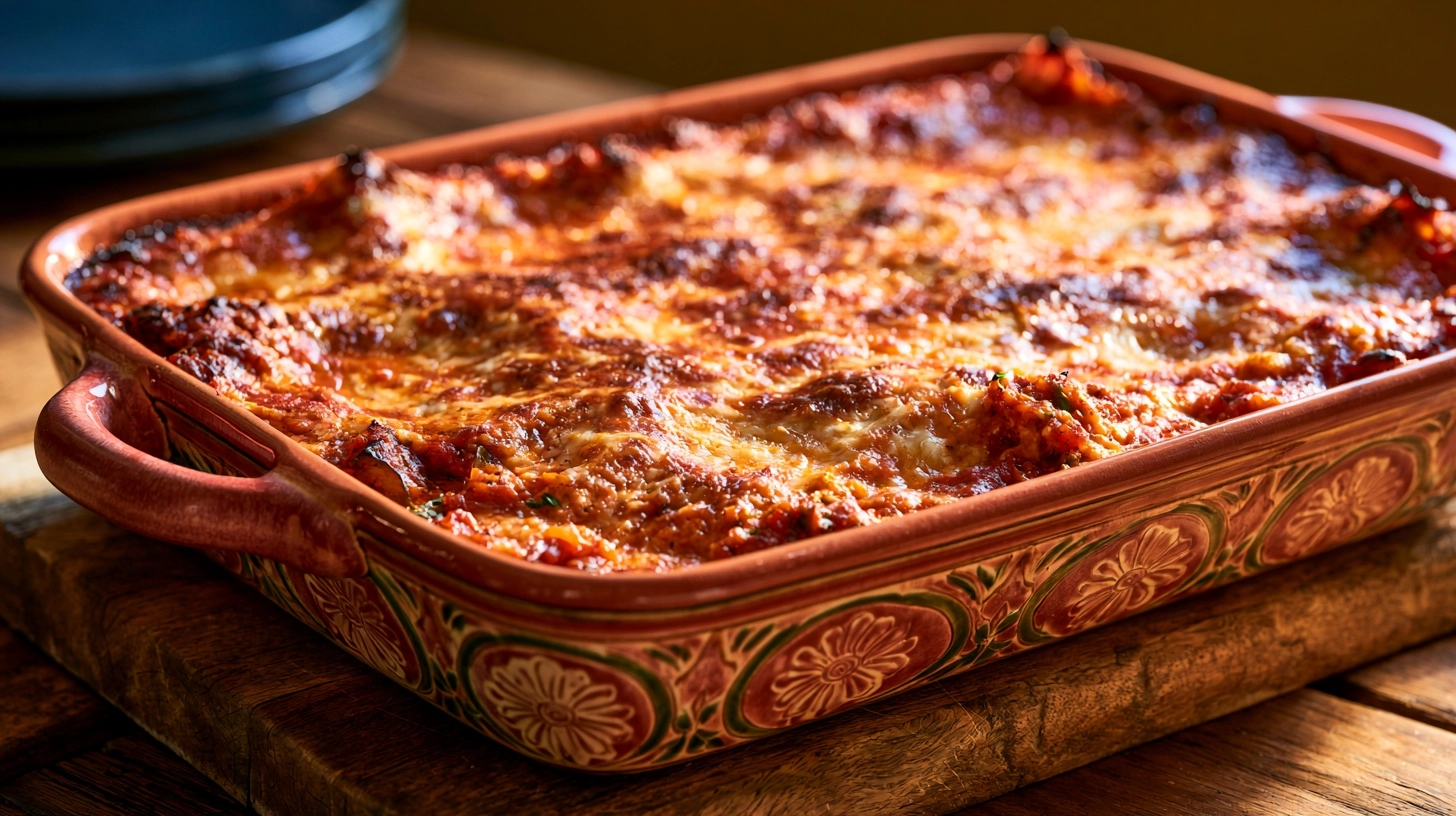 A bubbling vegetarian lasagna with rich marinara sauce and melty cheese, fresh from the oven, served in a ceramic baking dish.