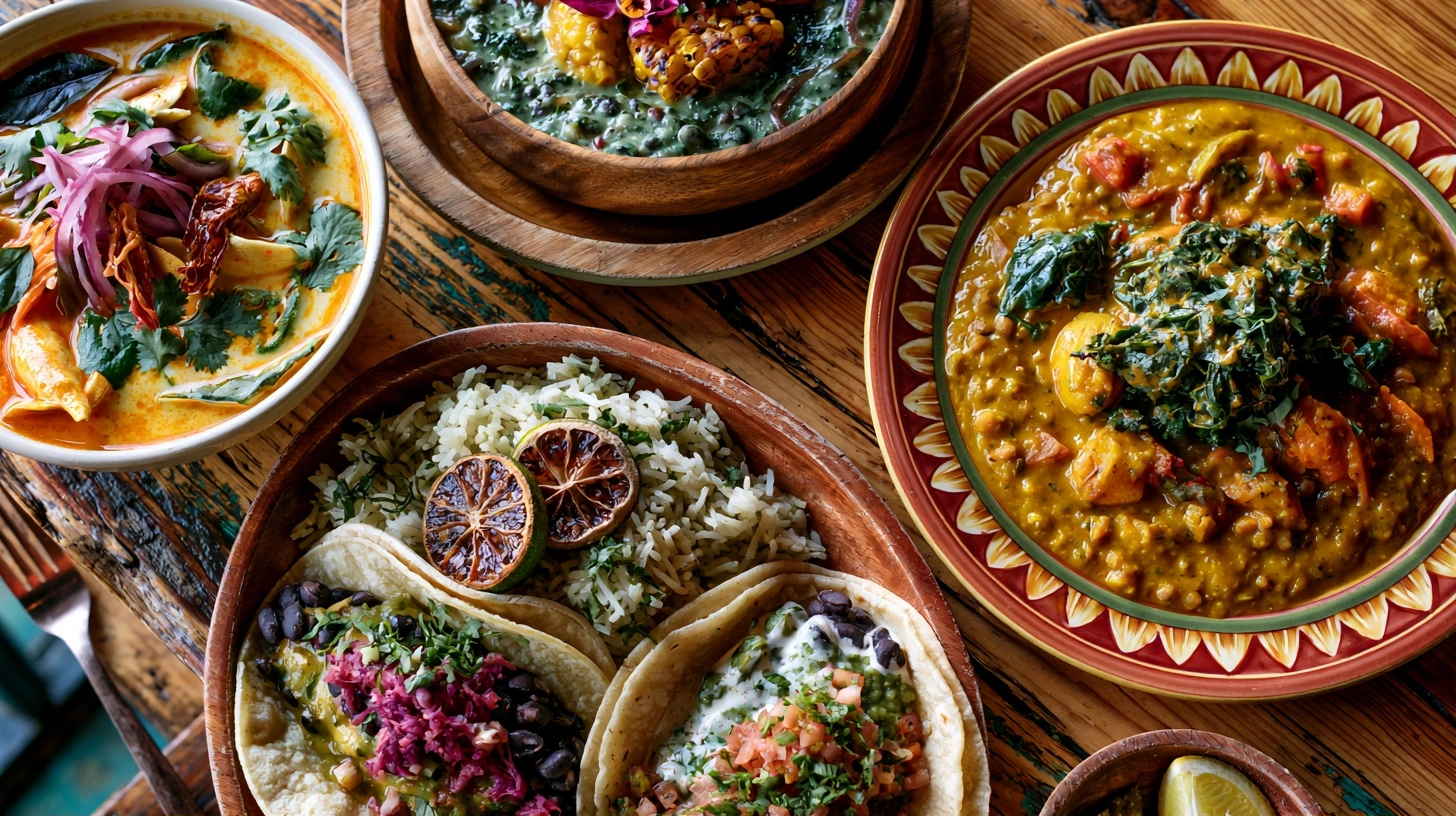 A colorful spread of international vegetarian dishes, including a bowl of Thai coconut soup, a plate of Indian lentil dahl with rice, and Mexican black bean tacos, arranged on a rustic wooden table.