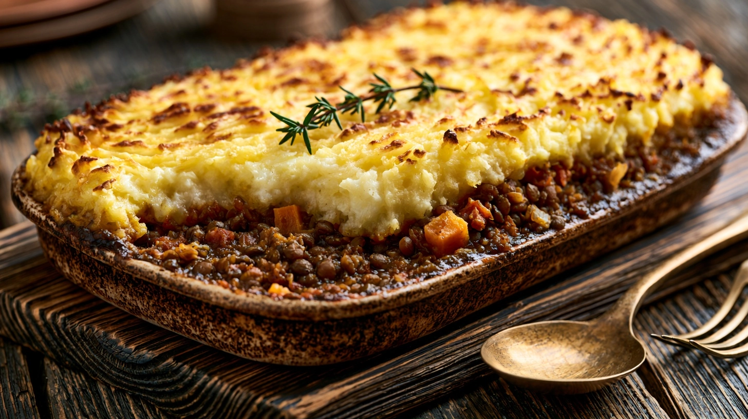 A comforting vegetarian lentil shepherd’s pie with a golden mashed potato topping, served in a rustic dish on a wooden table.
