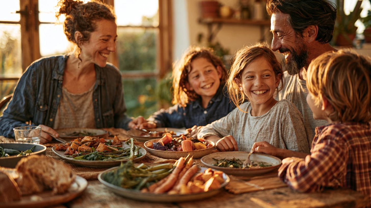 A happy family enjoying a simple, home-cooked, plant-based meal together at a dinner table, with parents and children smiling and interacting.