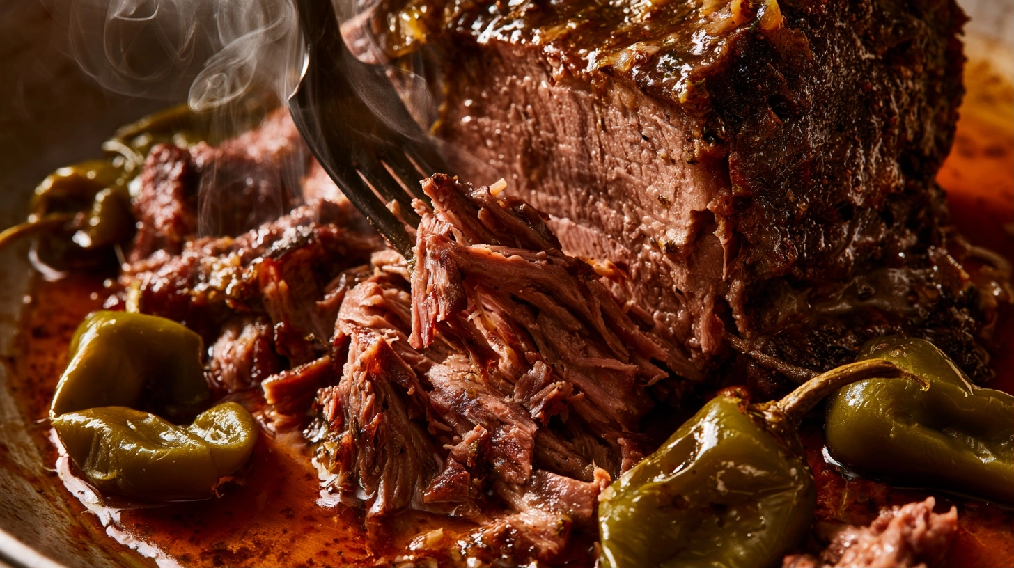 A perfectly cooked, juicy piece of pot roast, fork-shredded, with steam rising, surrounded by pepperoncini peppers and rich cooking liquid.