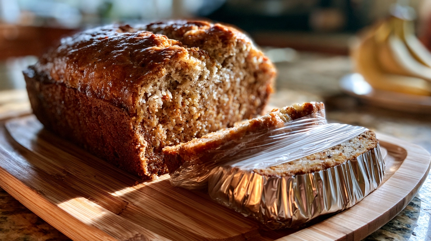 A perfectly sliced loaf of banana bread, with some slices wrapped in plastic wrap and foil, ready for freezing. The background shows a cozy kitchen setting.