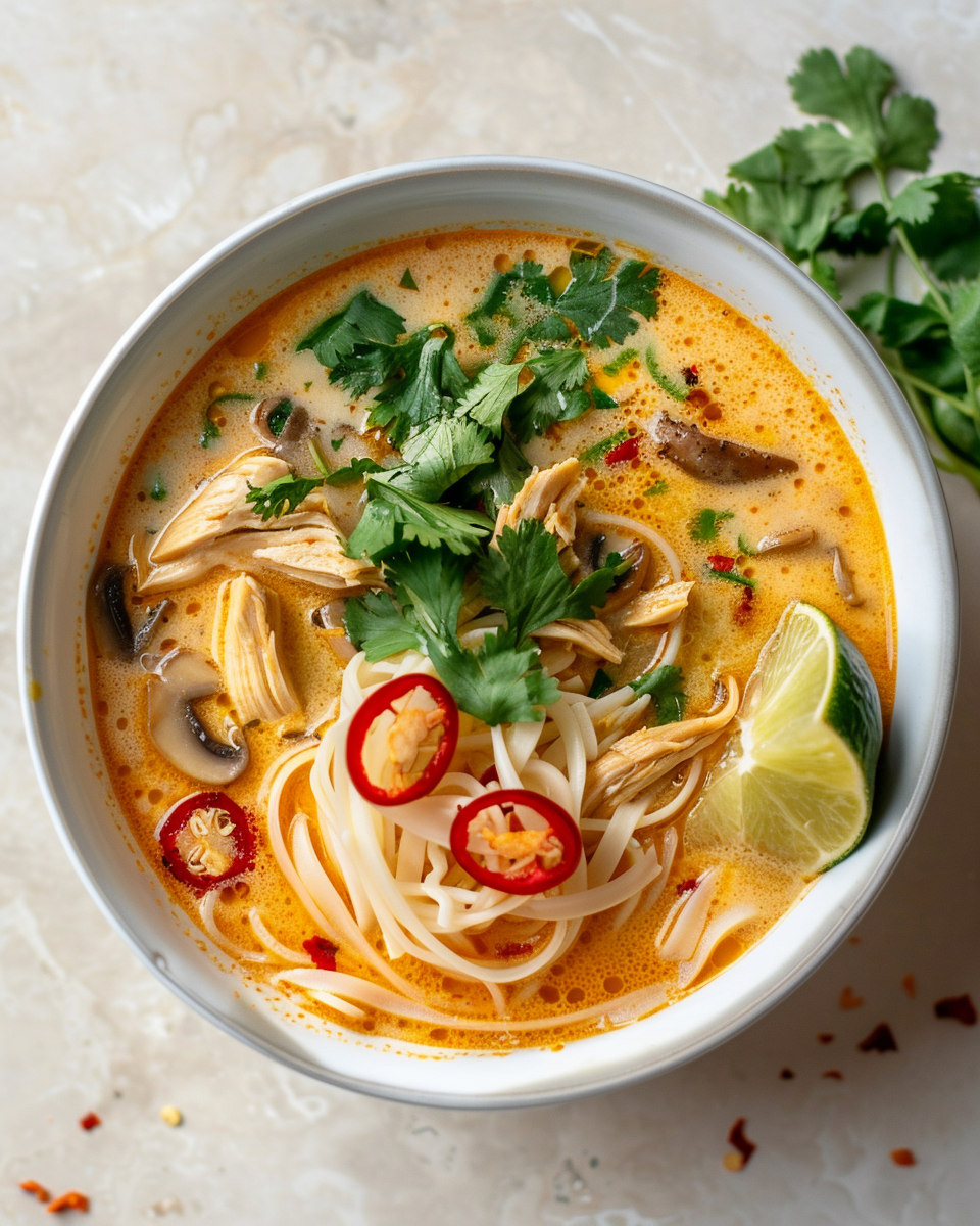 A vibrant bowl of vegan Tom Kha Gai, rich with plant-based protein like tofu and various colorful vegetables, garnished with fresh herbs.