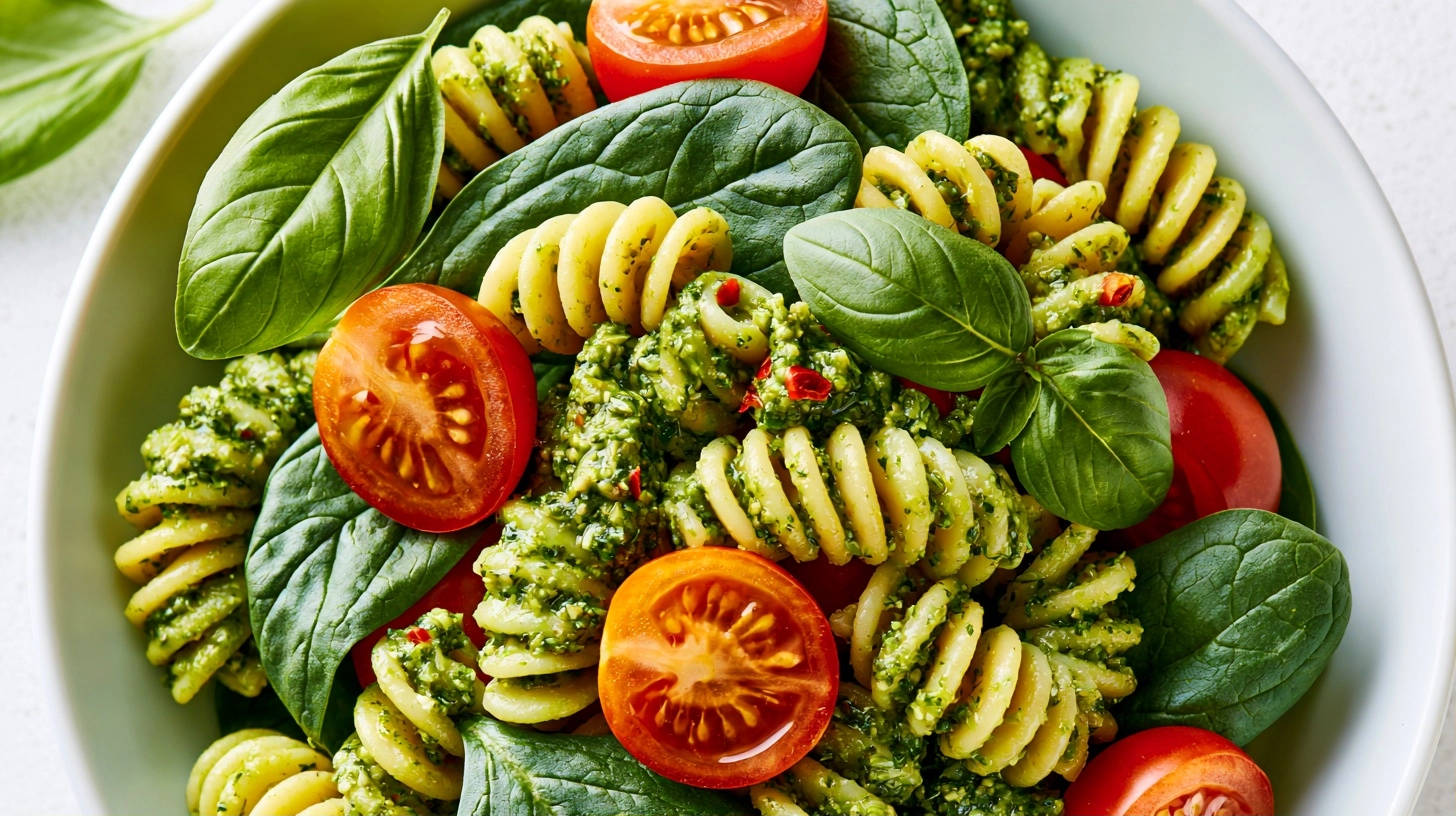 A vibrant, colorful vegetarian pasta bowl with fresh pesto, cherry tomatoes, and spinach, garnished with basil leaves, on a light background.