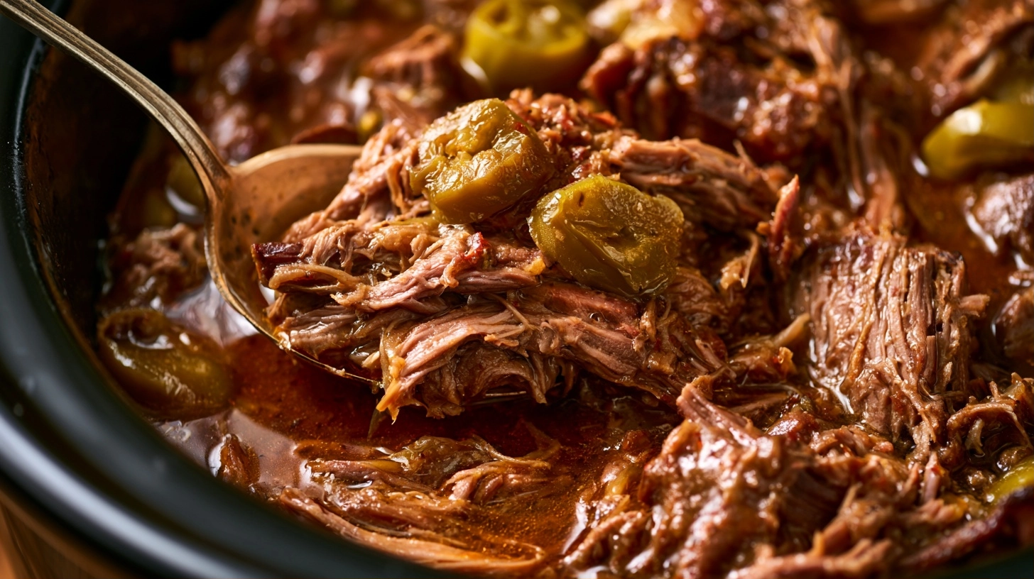 Close-up of shredded Mississippi pot roast in a slow cooker, with rich juices and pepperoncini peppers visible, ready to be served.