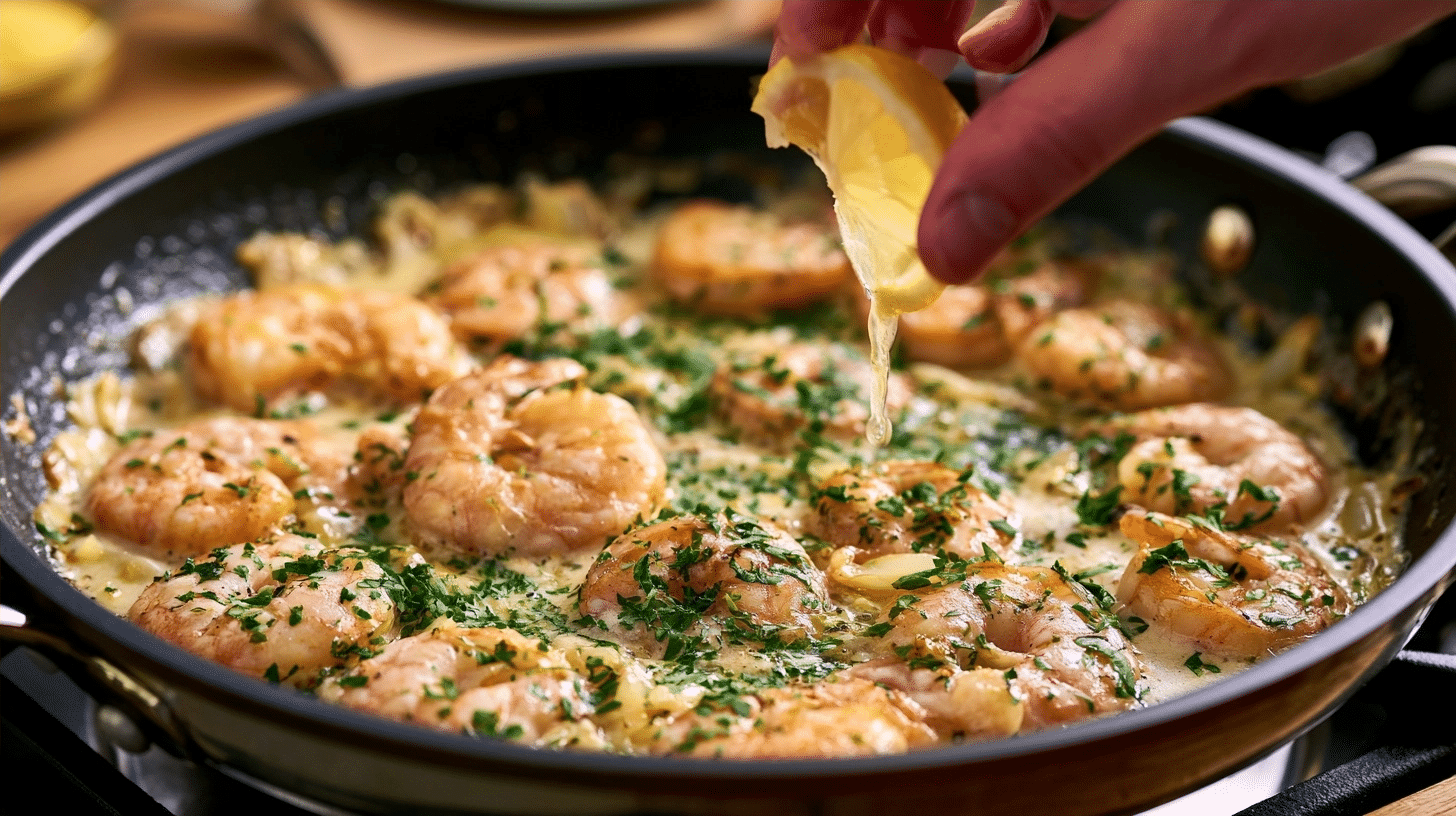 Expertly prepared creamy garlic shrimp in a pan, garnished with fresh herbs, with a squeeze of lemon juice being added