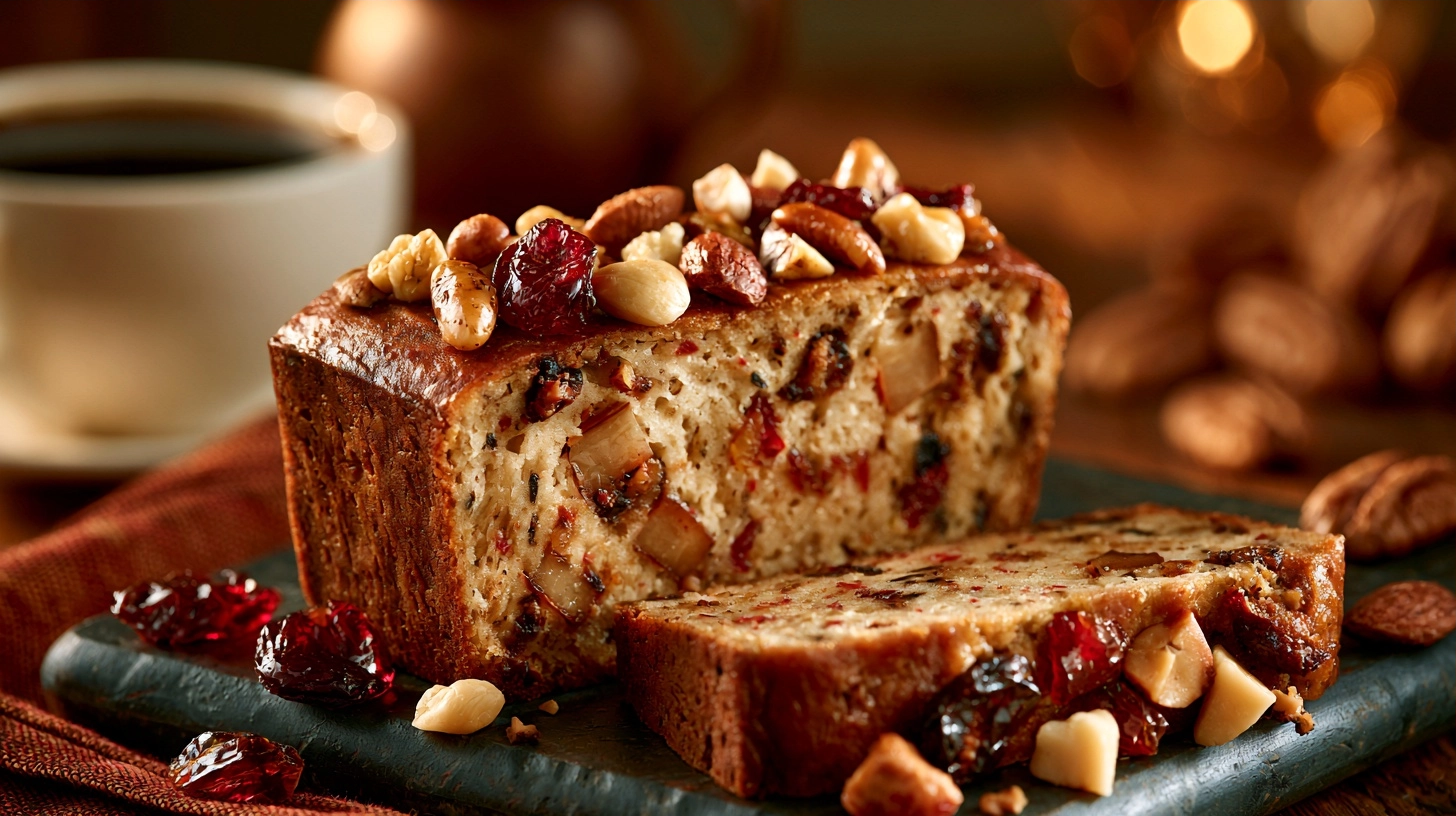 sliced banana bread with various toppings like nuts and dried fruit, with a cup of coffee in the background, warm lighting, inviting