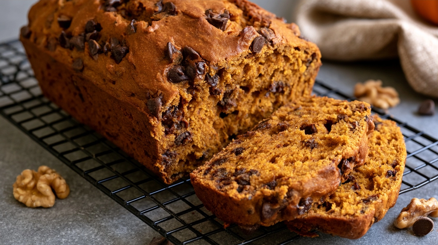A perfectly baked, golden-brown pumpkin bread loaf on a cooling rack, with a few slices cut, revealing its tender texture. There are some walnuts and chocolate chips visible in the background.