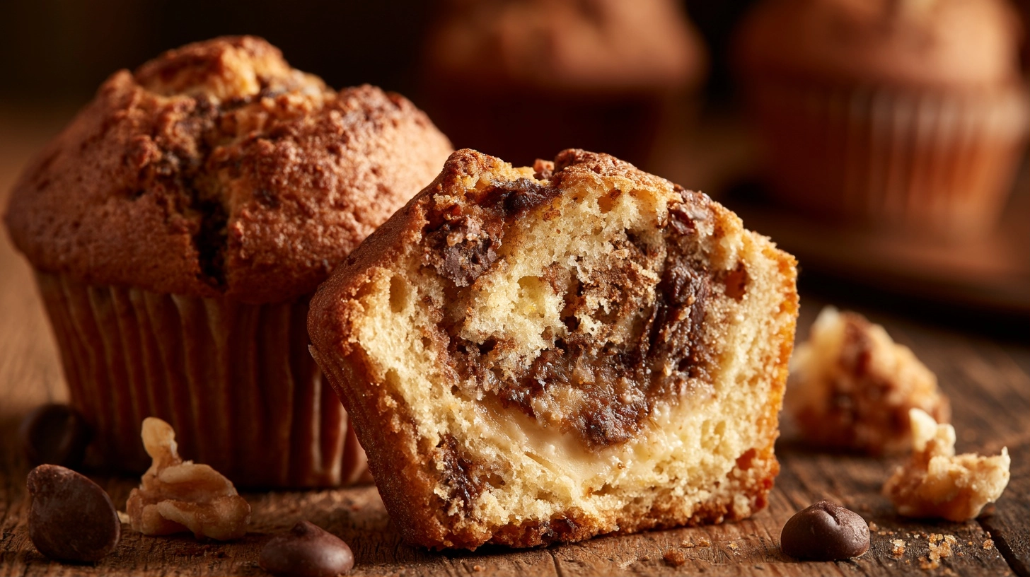 A perfectly baked muffin, sliced in half to show its moist interior and a creamy filling, with a few extra ingredients like chocolate chips or nuts scattered around on a wooden surface.