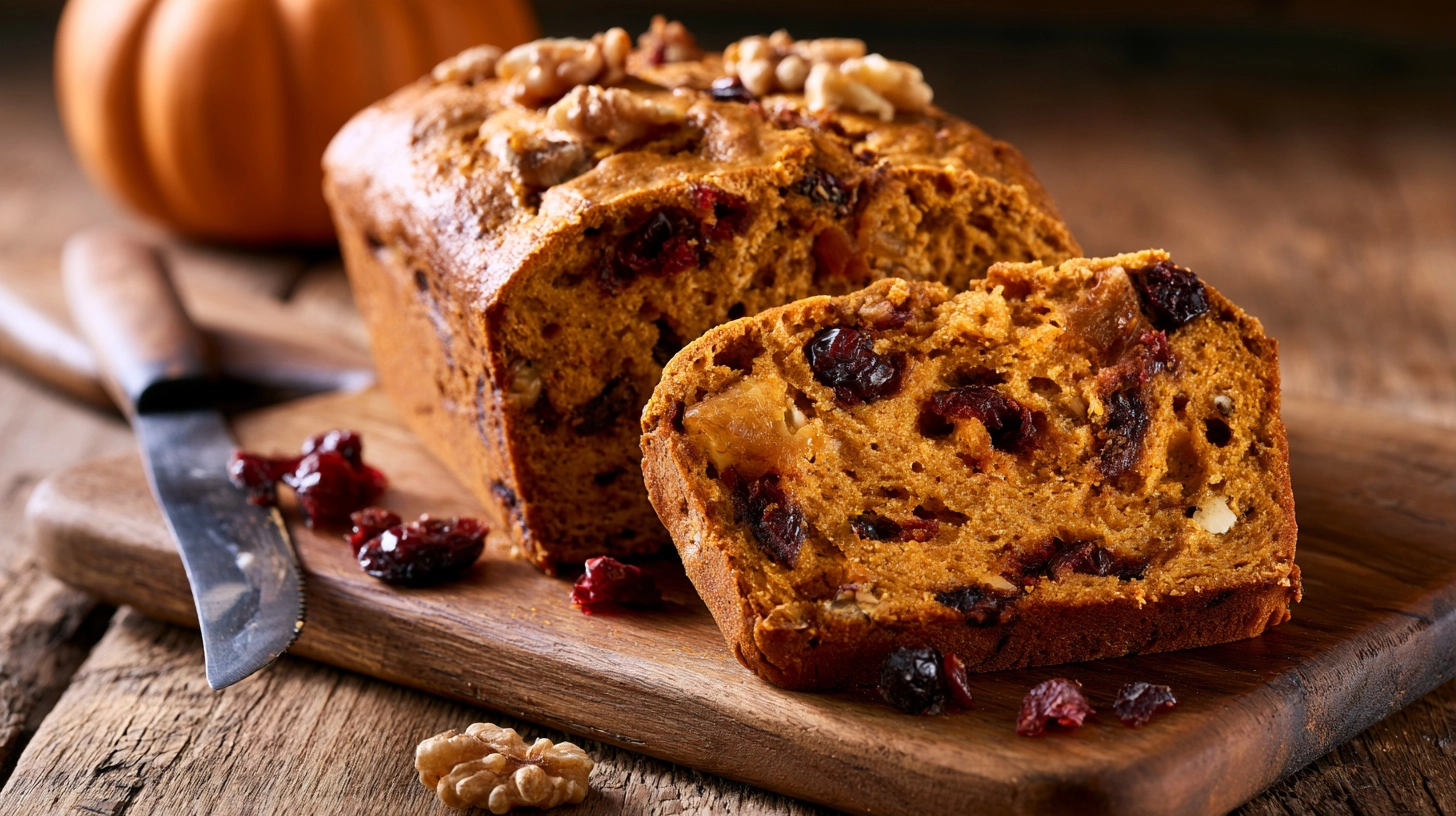 A slice of pumpkin bread with visible sweet and savory add-ins like dried cranberries, walnuts, and a hint of cheese, presented on a rustic wooden board.
