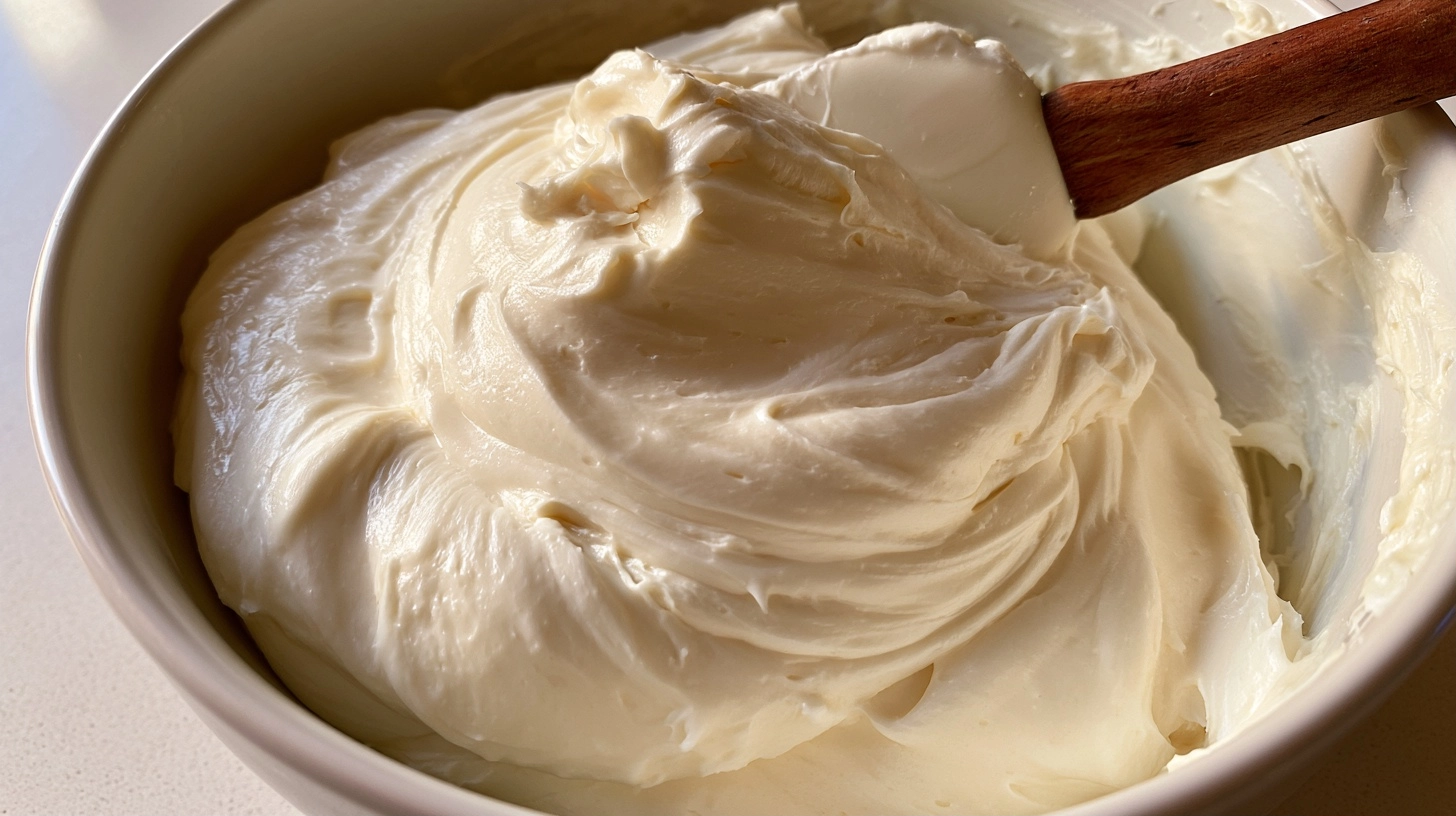 A small bowl containing a smooth, creamy white mixture, possibly cream cheese filling, with a spatula resting in it. The background is a clean kitchen counter.
