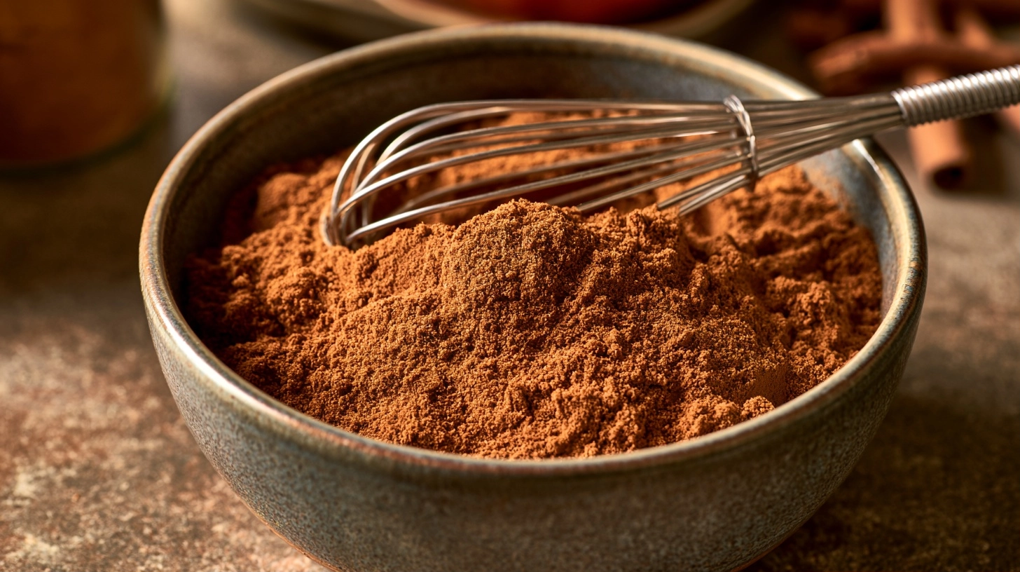 A small bowl filled with homemade pumpkin pie spice, with a miniature whisk resting inside. The spices are a rich brown color. The background is slightly blurred with other baking ingredients.