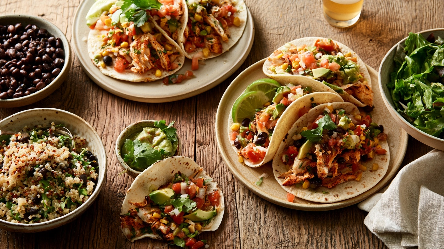 A vibrant spread of dishes featuring shredded salsa chicken, including soft tacos with avocado and lime, a rice bowl with black beans and corn, and a tray of nachos on a rustic wooden table.