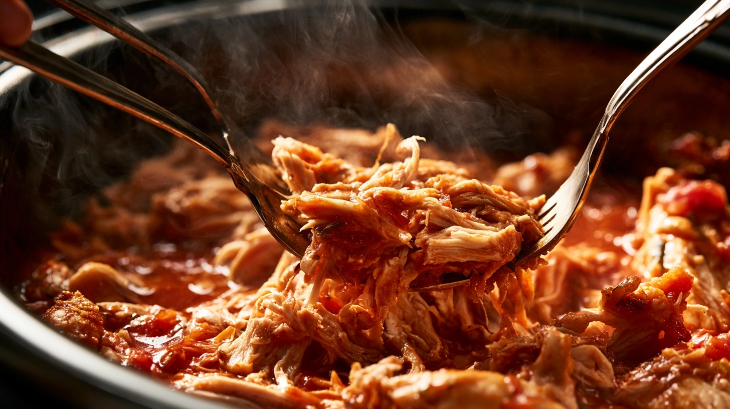 Close-up photograph of shredded salsa chicken in a crockpot, with two forks pulling the meat apart, steam rising, and a vibrant red sauce.