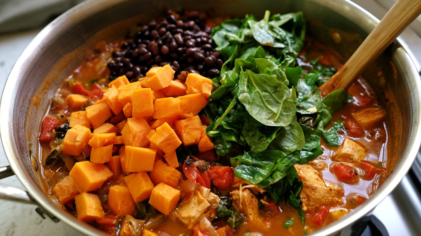 Various ingredients being added to a pot of chicken enchilada soup for customization, such as diced sweet potatoes, black beans, and fresh spinach.