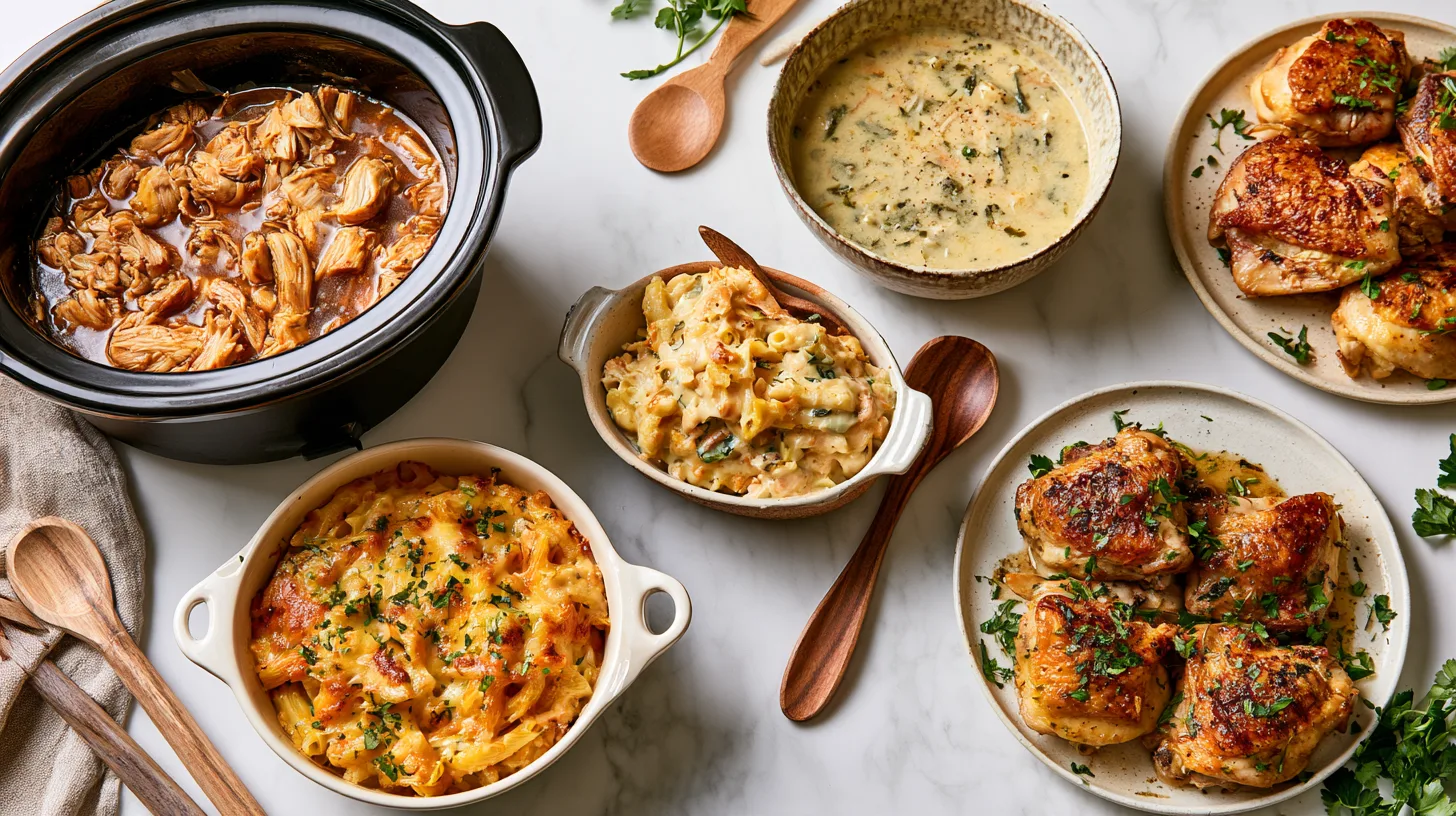 Weeknight dinner spread with a slow cooker of shredded chicken, a cheesy pasta casserole, a bowl of chicken soup and roasted chicken thighs on a kitchen counter
