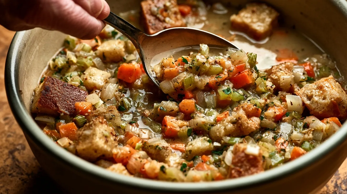 Mixing dried bread cubes, vegetables and broth in a bowl for homemade stuffing