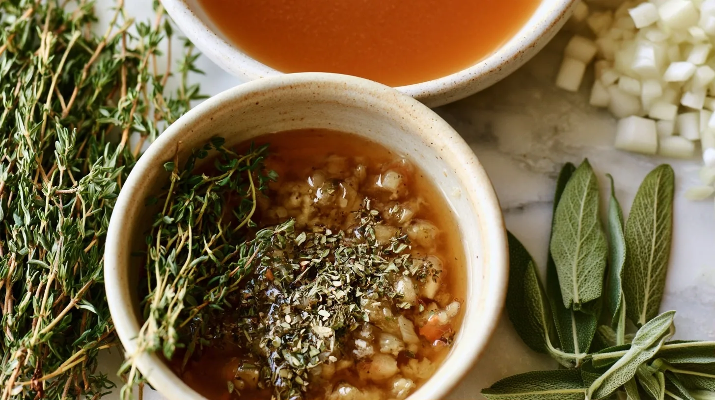 Fresh thyme, sage, chicken stock and diced onions for homemade stuffing